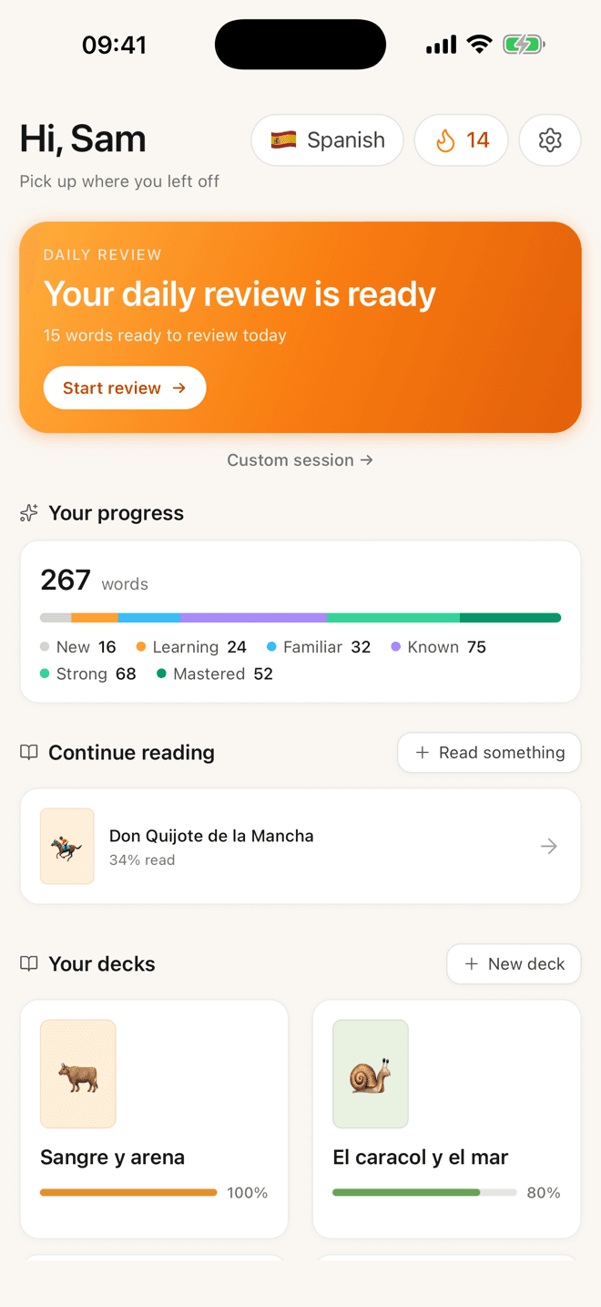 The Lemnly home screen: a daily review card with 15 words ready, a progress bar across six mastery buckets, a Continue reading row for Don Quijote at 34%, and the user’s decks.