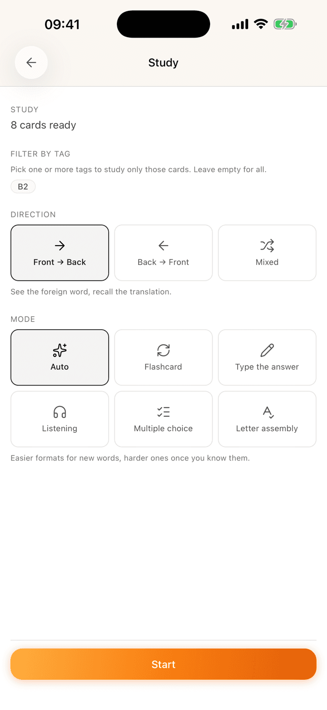 The Study setup screen: filter by tag, pick a direction (front to back, back to front, mixed) and pick a mode (auto, flashcard, type the answer, listening, multiple choice, letter assembly).